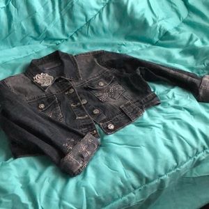 Cropped Denim Jacket with Lace & Jewel Embroidery!